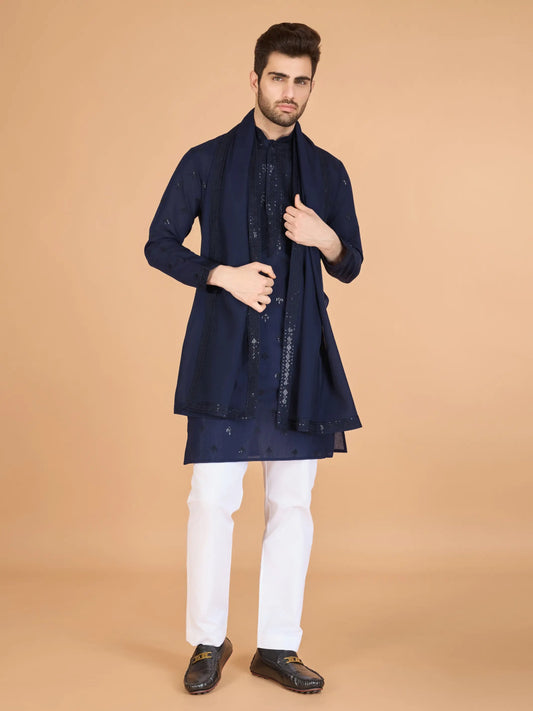 Navy Silk Thread & Sequence Embroidered Work Kurta With Pant & Dupatta