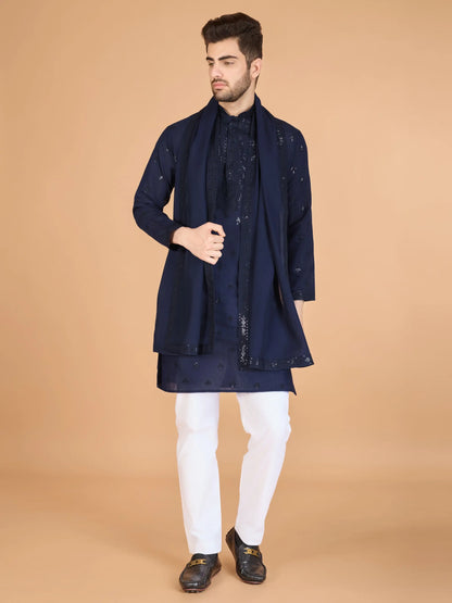 Navy Silk Thread & Sequence Embroidered Work Kurta With Pant & Dupatta