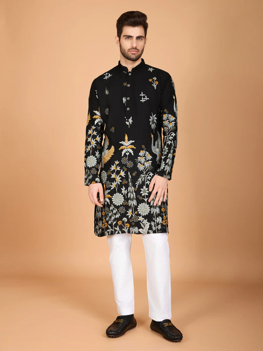 Black Rayon Kurta With Thread & Sequins Embroidered Work