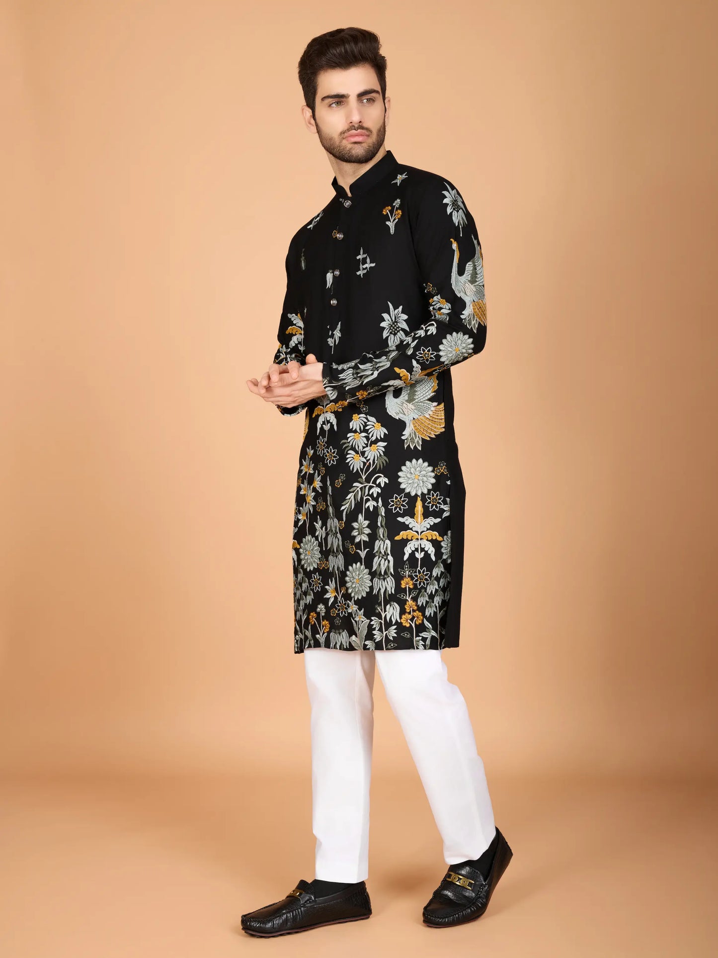 Black Rayon Kurta With Thread & Sequins Embroidered Work