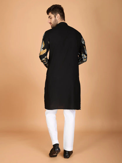 Black Rayon Kurta With Thread & Sequins Embroidered Work