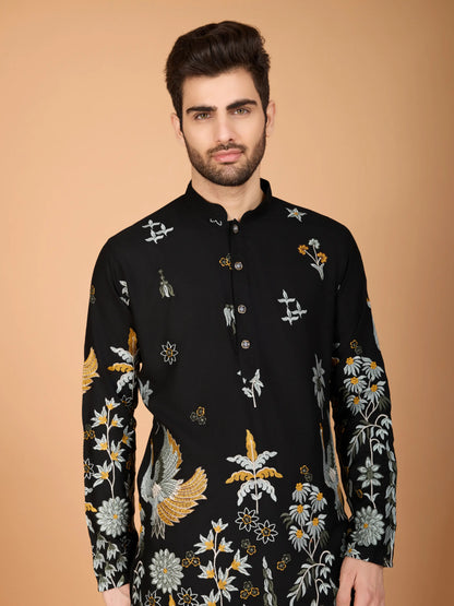 Black Rayon Kurta With Thread & Sequins Embroidered Work