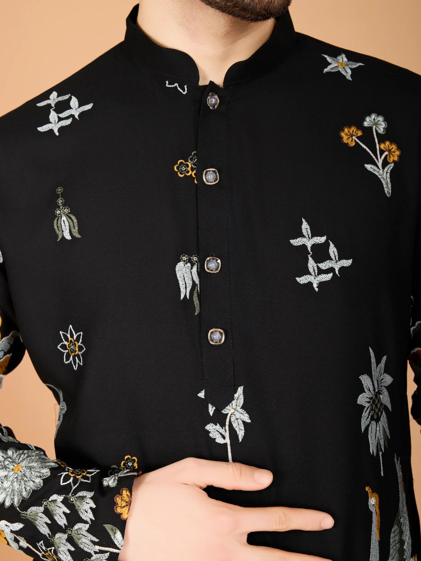 Black Rayon Kurta With Thread & Sequins Embroidered Work