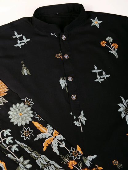 Black Rayon Kurta With Thread & Sequins Embroidered Work