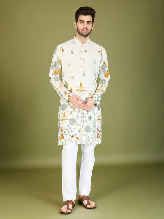 White  Rayon Kurta With Thread & Sequins Embroidered Work