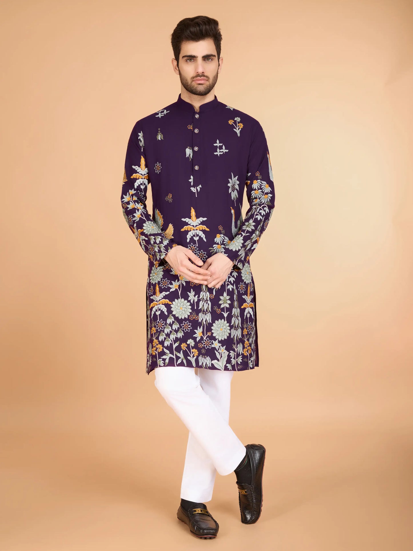 Purple Rayon Kurta With Thread & Sequins Embroidered Work