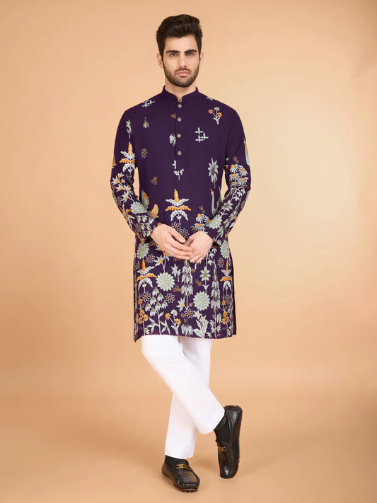Purple Rayon Kurta With Thread & Sequins Embroidered Work