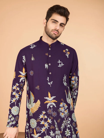 Purple Rayon Kurta With Thread & Sequins Embroidered Work