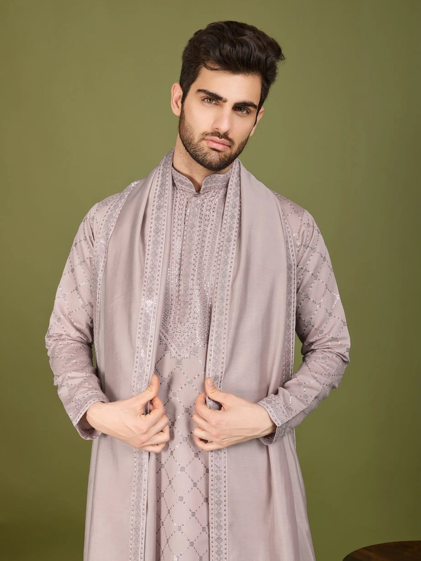 Ivory Silk Thread & Sequence Embroidered Work Kurta With Pant & Dupatta
