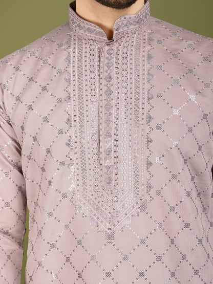 Ivory Silk Thread & Sequence Embroidered Work Kurta With Pant & Dupatta
