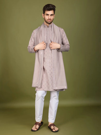 Ivory Silk Thread & Sequence Embroidered Work Kurta With Pant & Dupatta