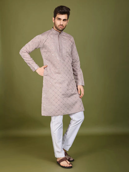 Ivory Silk Thread & Sequence Embroidered Work Kurta With Pant & Dupatta