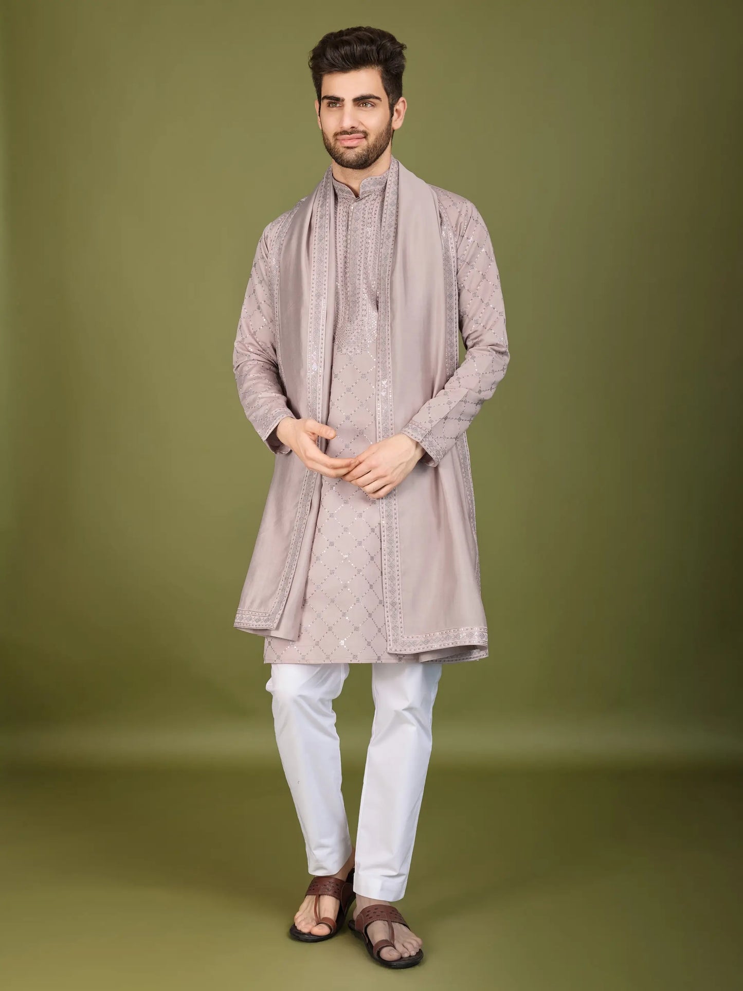 Ivory Silk Thread & Sequence Embroidered Work Kurta With Pant & Dupatta