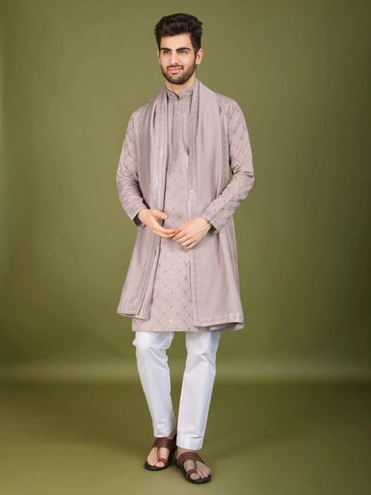 Ivory Silk Thread & Sequence Embroidered Work Kurta With Pant & Dupatta