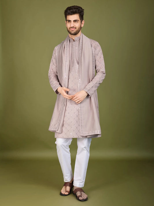 Ivory Silk Thread & Sequence Embroidered Work Kurta With Pant & Dupatta