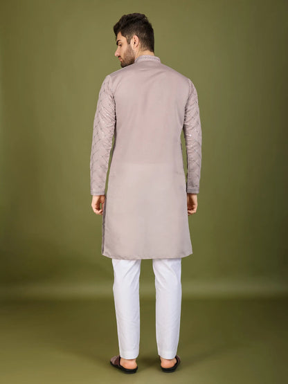 Ivory Silk Thread & Sequence Embroidered Work Kurta With Pant & Dupatta