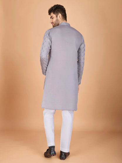 Grey Silk Thread & Sequence Embroidered Work Kurta With Pant & Dupatta