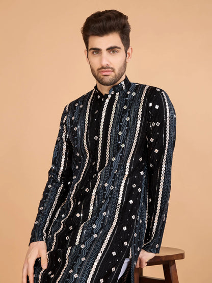 Black Rayon Kurta With Thread, Sequins & Foil Mirror Embroidered Work