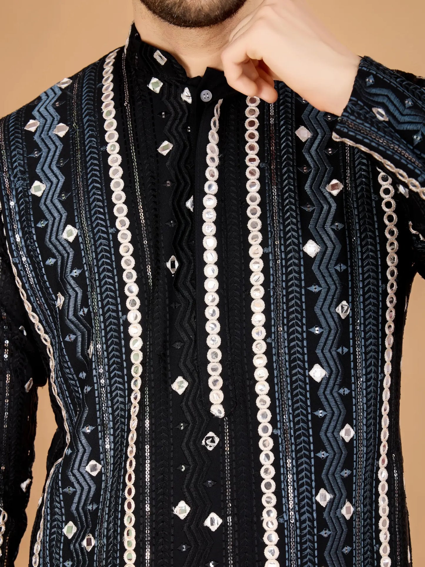 Black Rayon Kurta With Thread, Sequins & Foil Mirror Embroidered Work