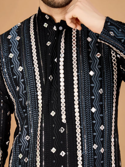 Black Rayon Kurta With Thread, Sequins & Foil Mirror Embroidered Work