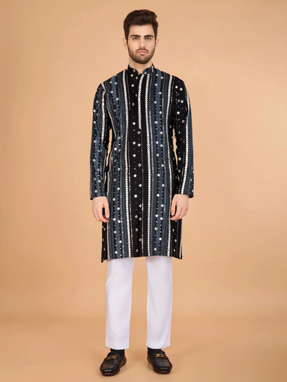 Black Rayon Kurta With Thread, Sequins & Foil Mirror Embroidered Work