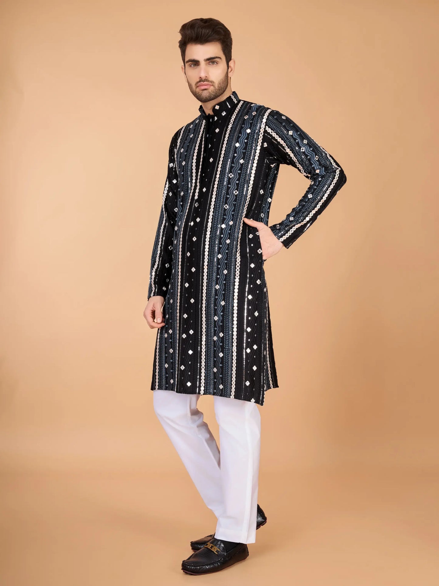 Black Rayon Kurta With Thread, Sequins & Foil Mirror Embroidered Work