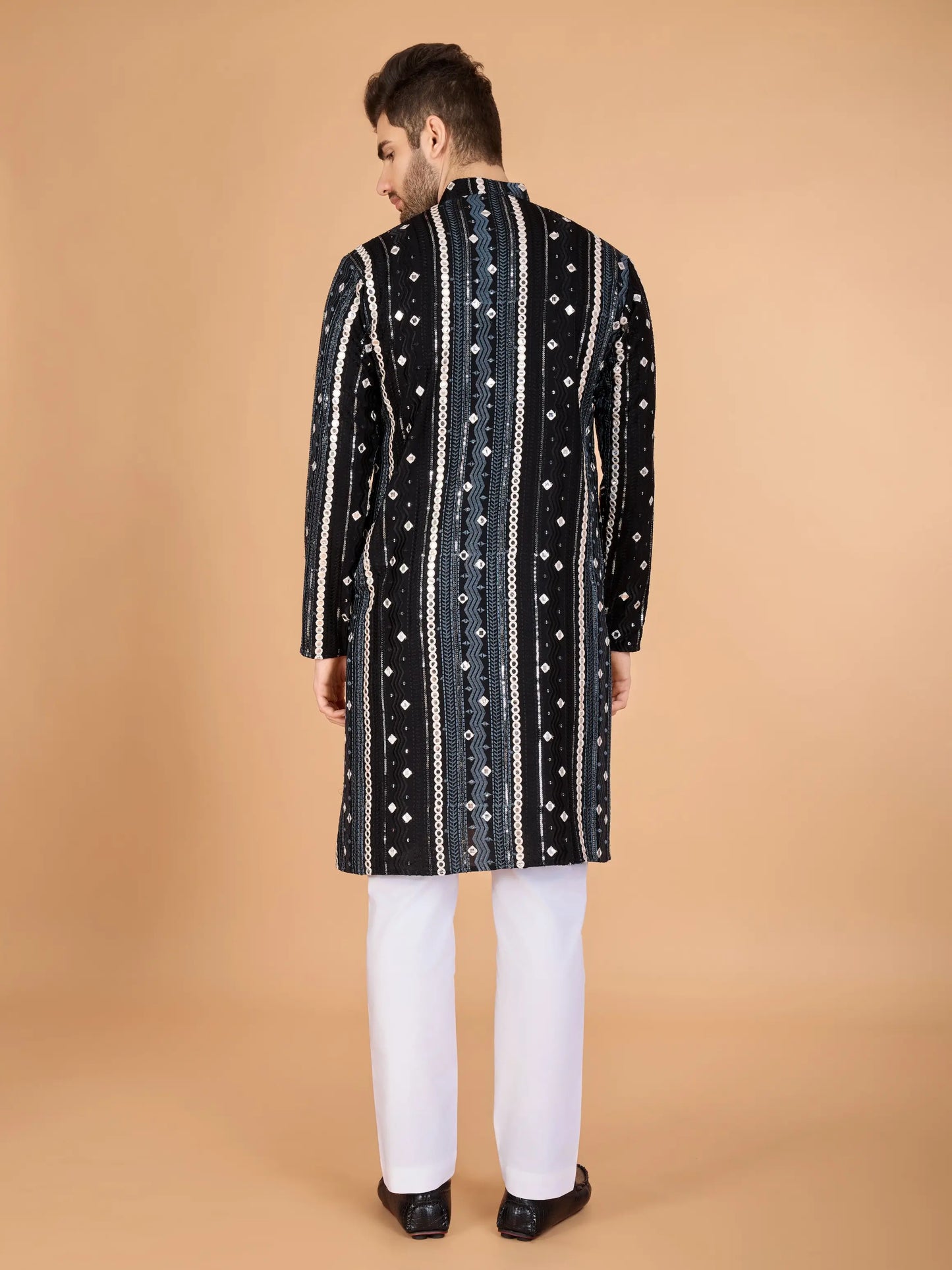 Black Rayon Kurta With Thread, Sequins & Foil Mirror Embroidered Work