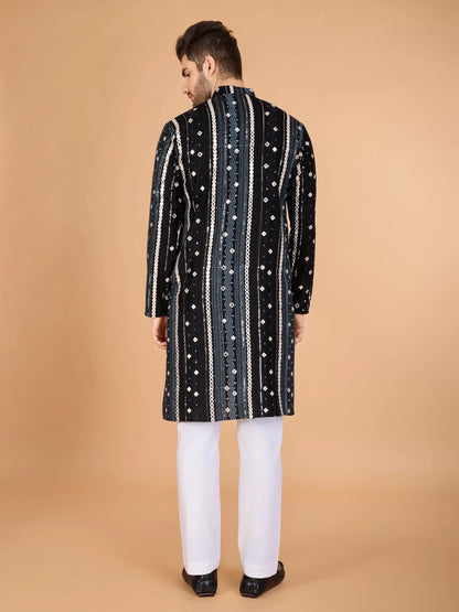 Black Rayon Kurta With Thread, Sequins & Foil Mirror Embroidered Work