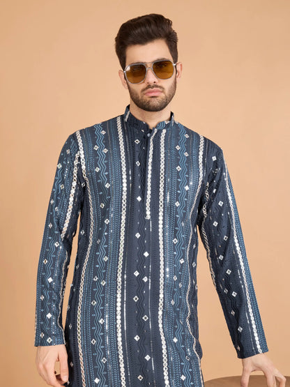 Grey Rayon Kurta With Thread, Sequins & Foil Mirror Embroidered Work