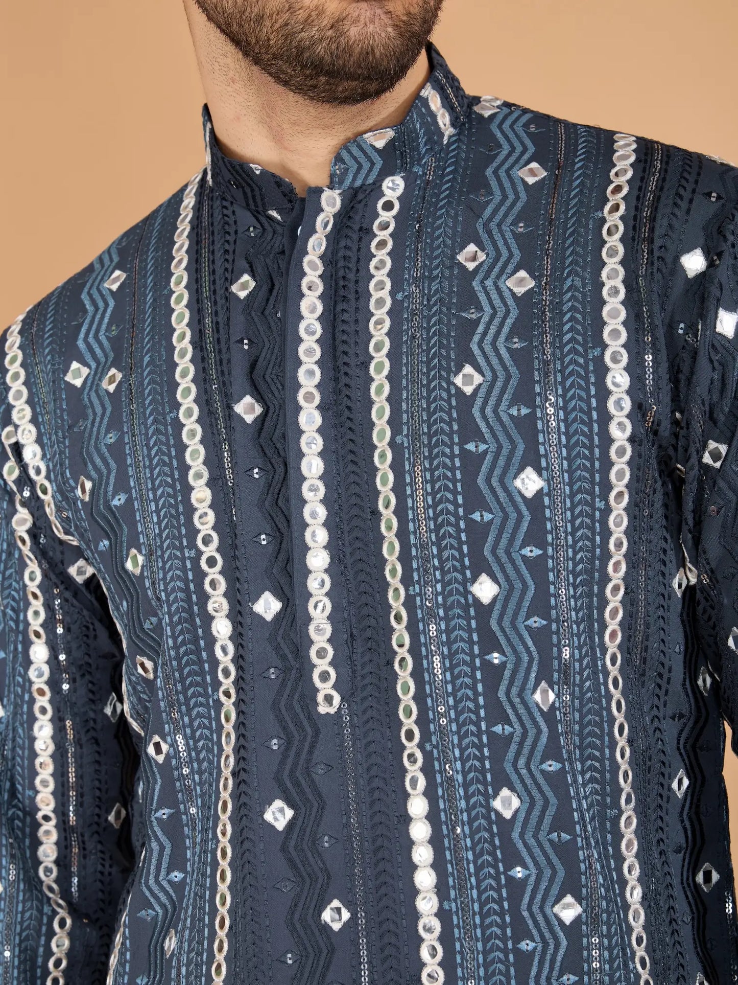 Grey Rayon Kurta With Thread, Sequins & Foil Mirror Embroidered Work