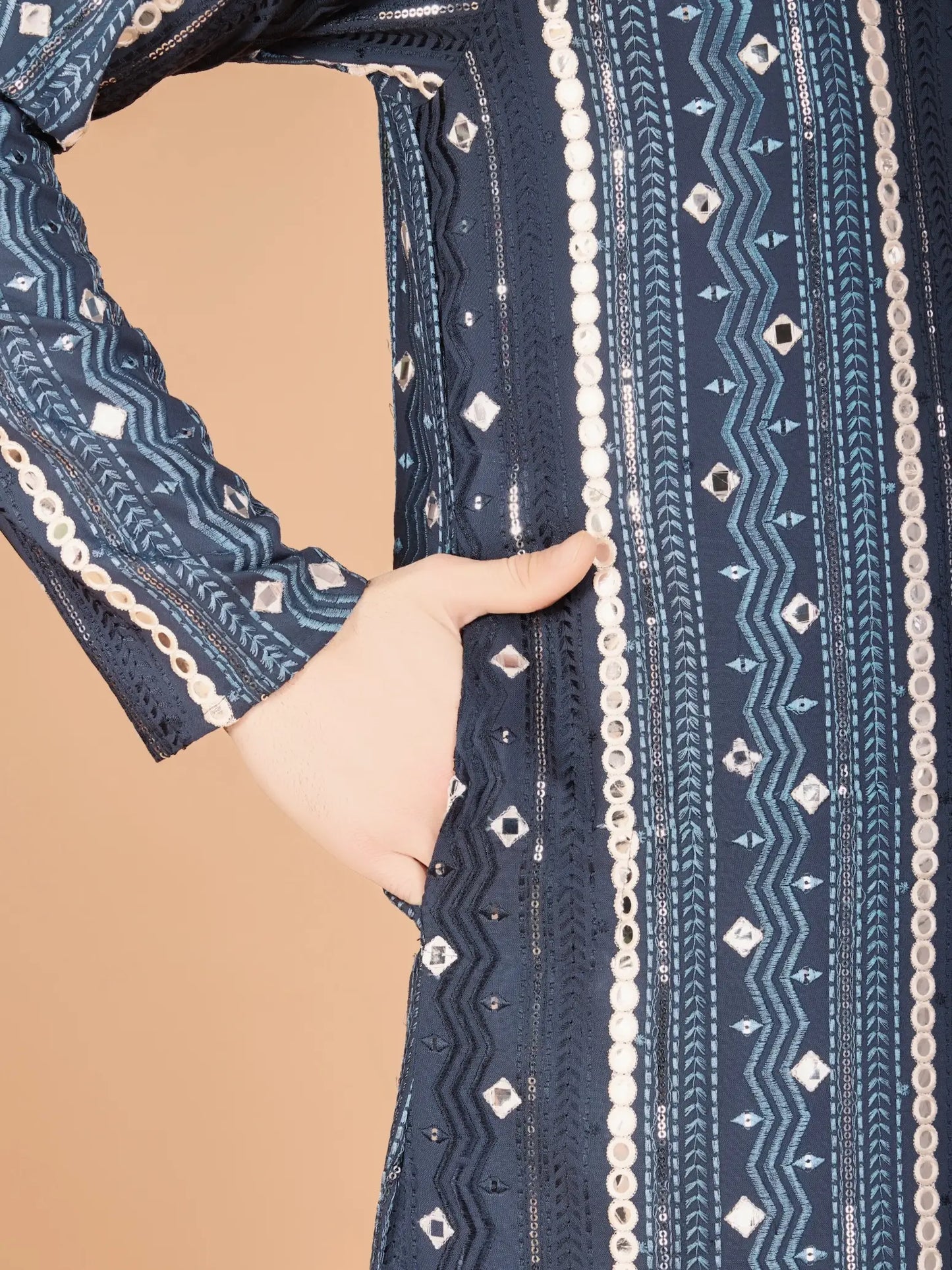 Grey Rayon Kurta With Thread, Sequins & Foil Mirror Embroidered Work
