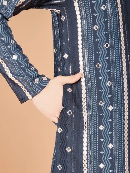 Grey Rayon Kurta With Thread, Sequins & Foil Mirror Embroidered Work