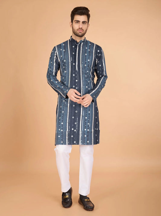 Grey Rayon Kurta With Thread, Sequins & Foil Mirror Embroidered Work