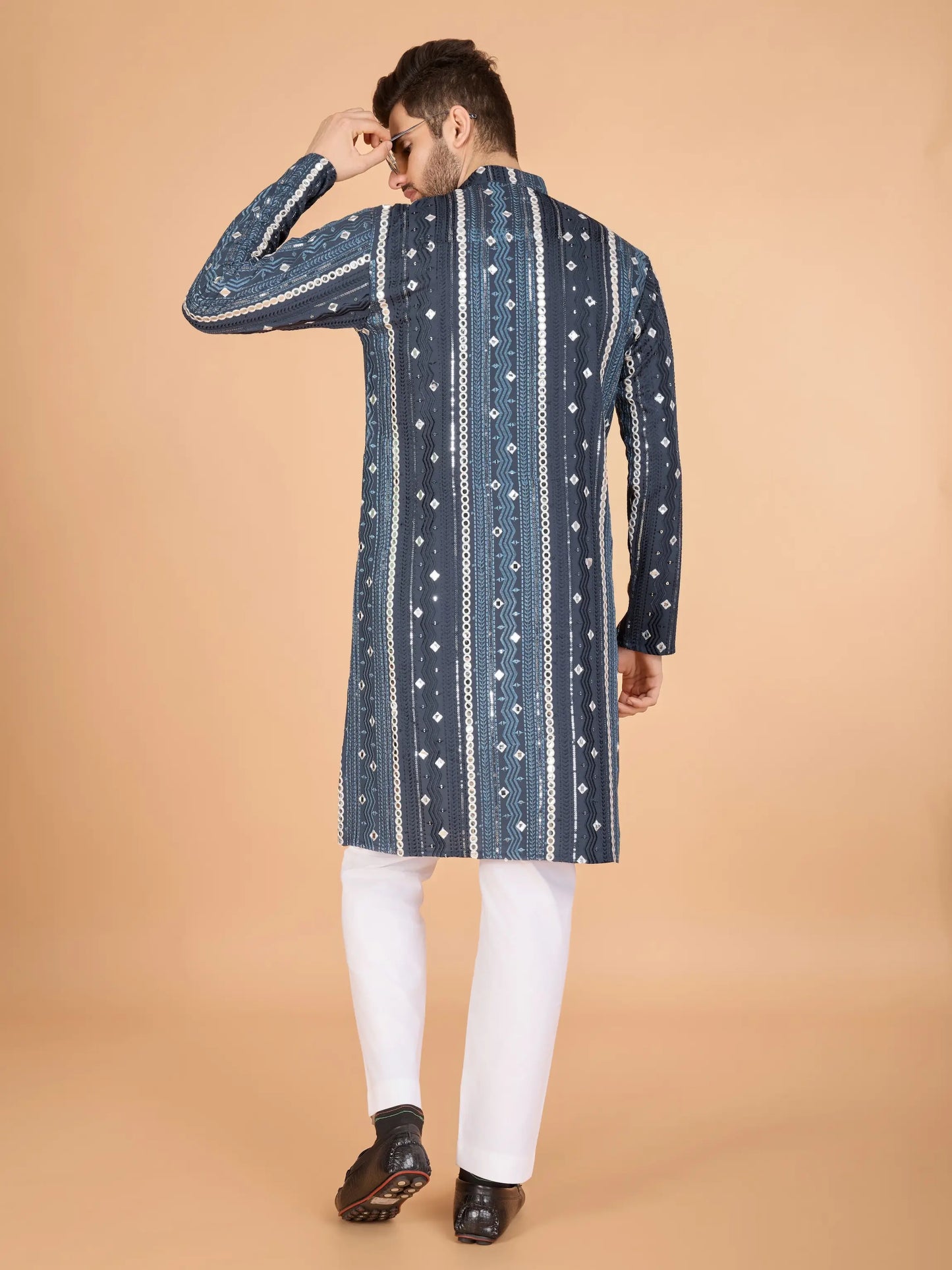Grey Rayon Kurta With Thread, Sequins & Foil Mirror Embroidered Work