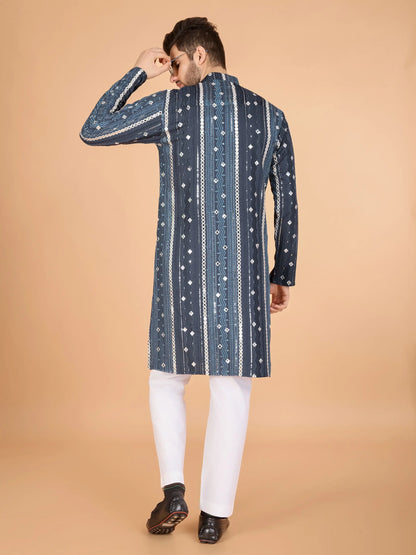 Grey Rayon Kurta With Thread, Sequins & Foil Mirror Embroidered Work