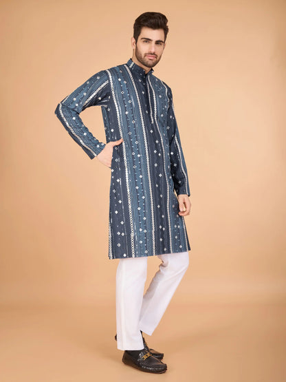 Grey Rayon Kurta With Thread, Sequins & Foil Mirror Embroidered Work
