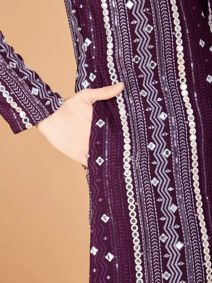 Purple Rayon Kurta With Thread, Sequins & Foil Mirror Embroidered Work