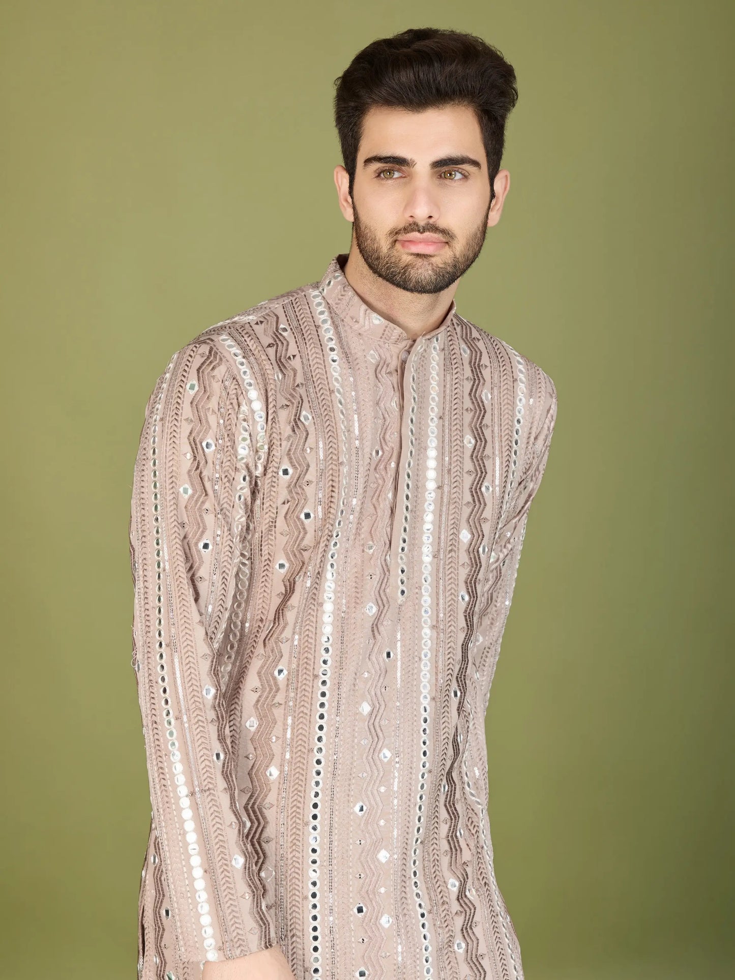 Ivory Rayon Kurta With Thread, Sequins & Foil Mirror Embroidered Work