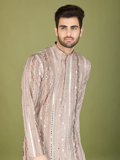Ivory Rayon Kurta With Thread, Sequins & Foil Mirror Embroidered Work