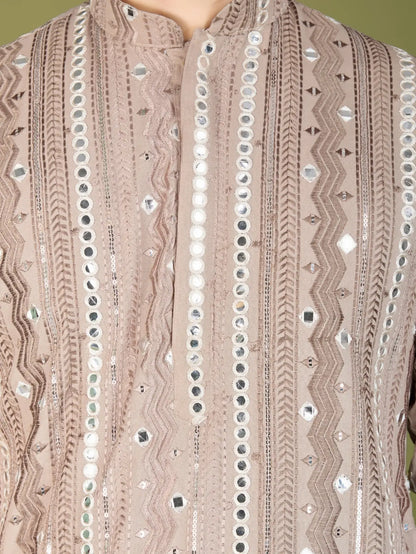 Ivory Rayon Kurta With Thread, Sequins & Foil Mirror Embroidered Work