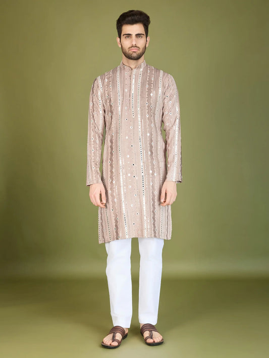 Ivory Rayon Kurta With Thread, Sequins & Foil Mirror Embroidered Work