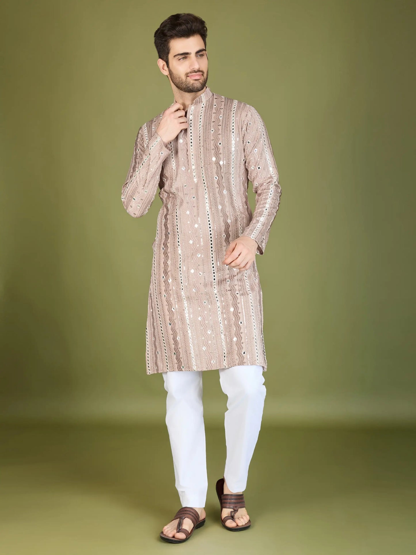 Ivory Rayon Kurta With Thread, Sequins & Foil Mirror Embroidered Work
