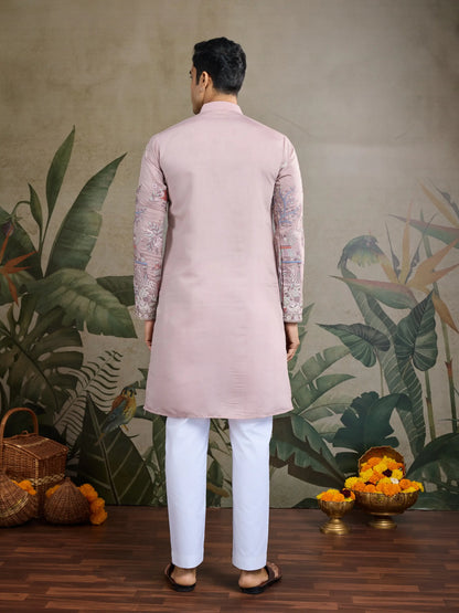 Peach Viscose Silk Thread & Sequence Embroidered Work Kurta With Pant