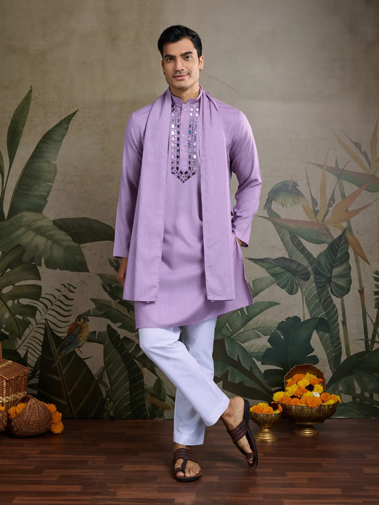 Dusty Pink Jari & Mirror Work Kurta Set With Pant & Dupatta