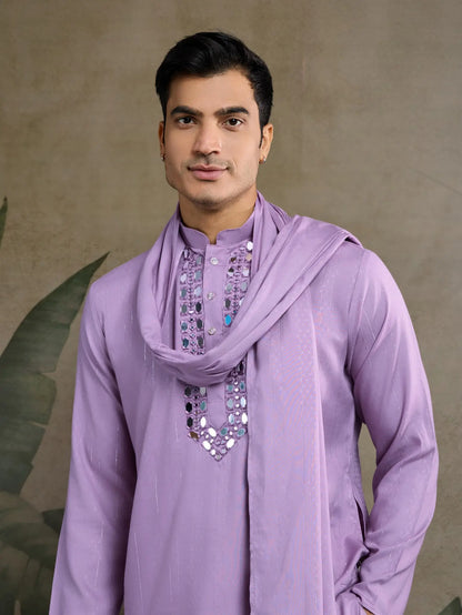 Dusty Pink Jari & Mirror Work Kurta Set With Pant & Dupatta
