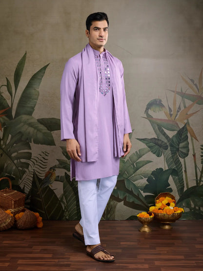 Dusty Pink Jari & Mirror Work Kurta Set With Pant & Dupatta