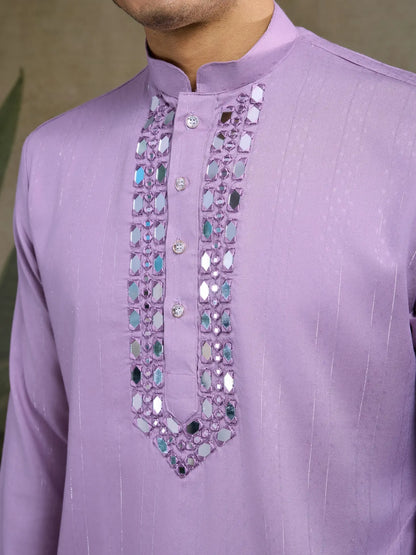 Dusty Pink Jari & Mirror Work Kurta Set With Pant & Dupatta