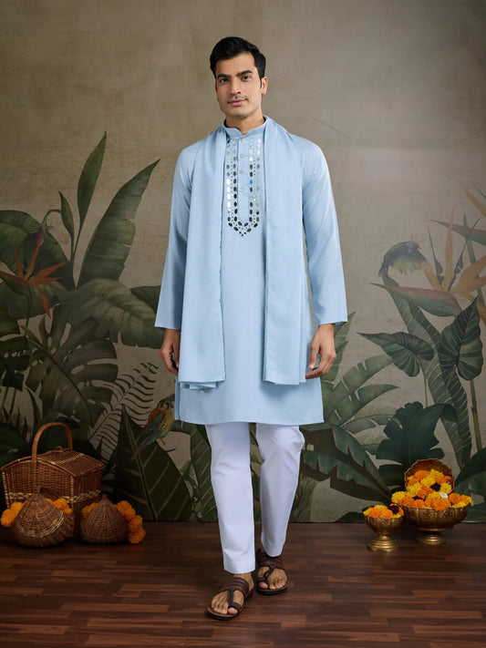 Sky Jari & Mirror Work Kurta Set With Pant & Dupatta