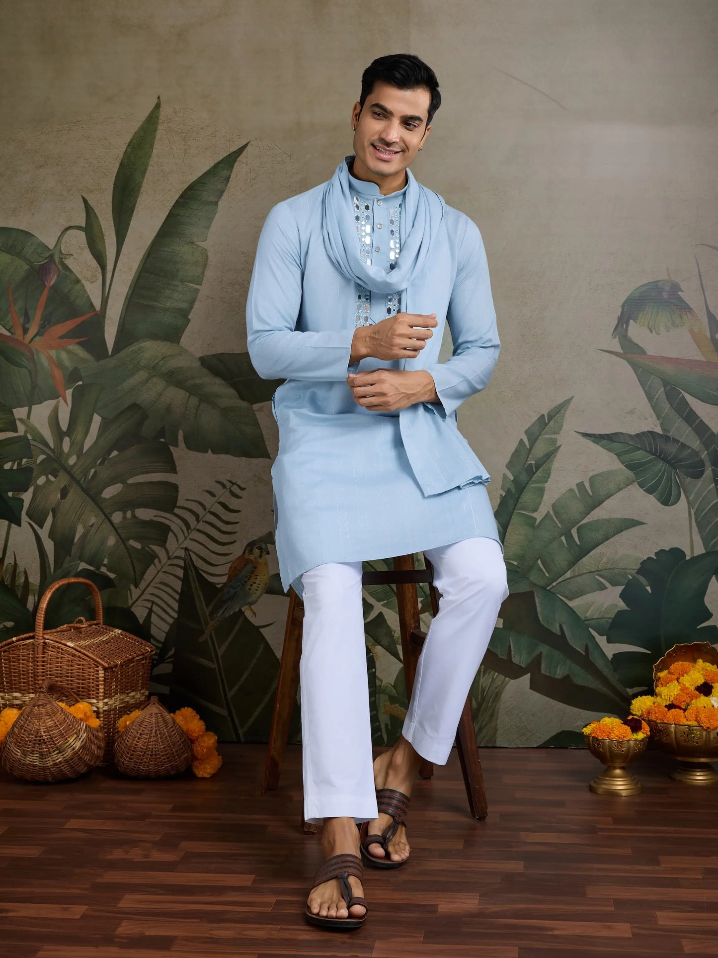 Sky Jari & Mirror Work Kurta Set With Pant & Dupatta