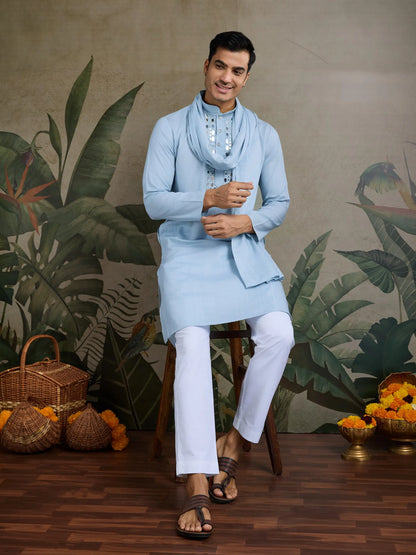 Sky Jari & Mirror Work Kurta Set With Pant & Dupatta